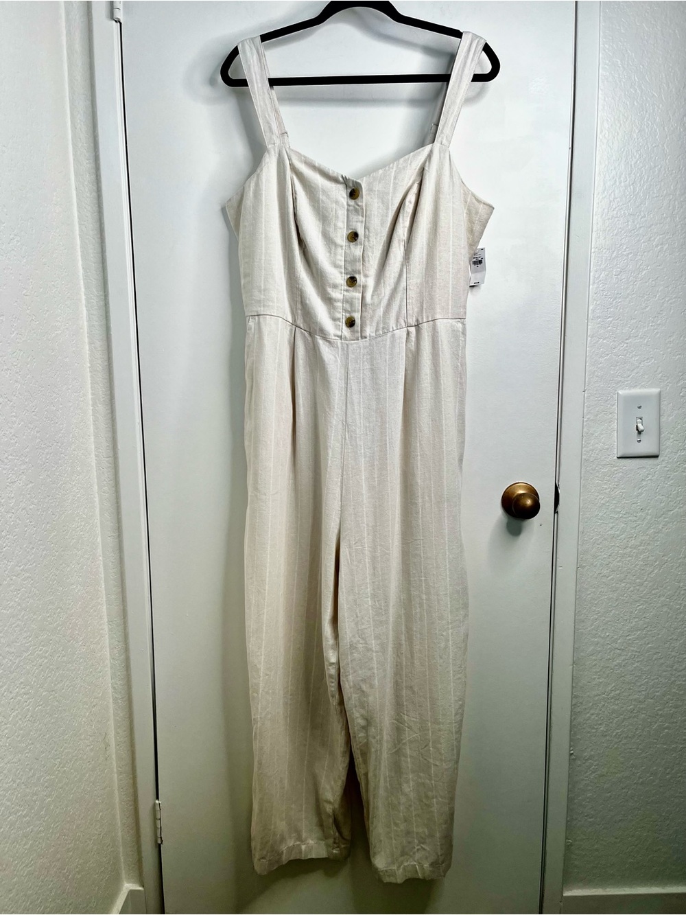 NWT Old Nvy Linen Cream Striped Jumpsuit XL Wide Leg Smocked Beach Resort Vacay